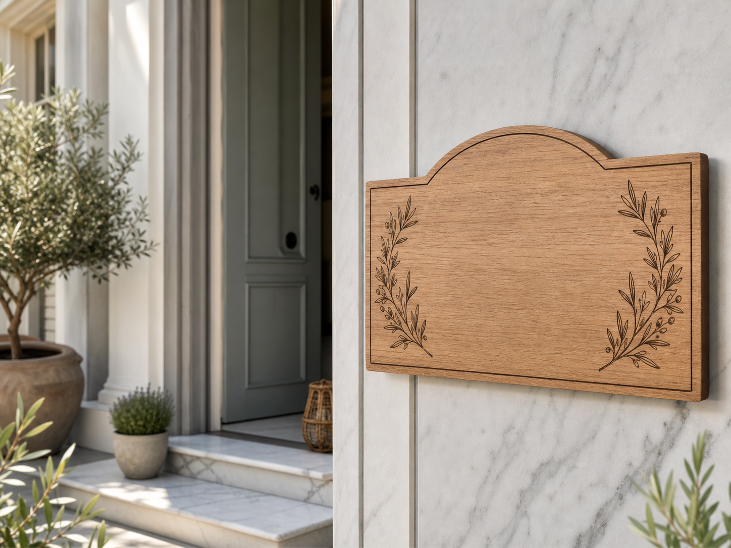 Cartello personalizzato in legno naturale ambientato in casa.