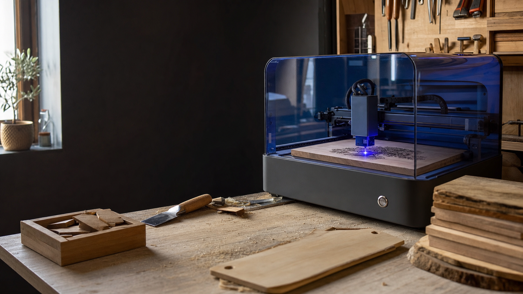 Laboratorio alaser con macchina laser 40W che incide un pannello di legno naturale.